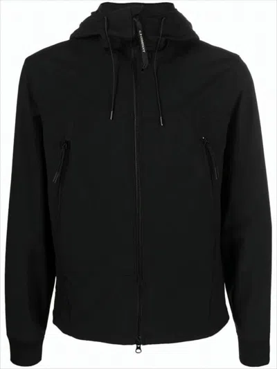 C.p. Company Front Zip Black Jacket With Adjustable Hood In Black