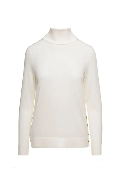 Michael Kors Wool Sweater With High Neck And Button Detail In White