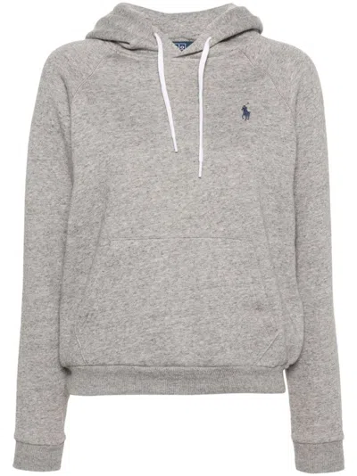 Polo Ralph Lauren Cropped Heathered Hoodie With Drawstring And Kangaroo Pocket In Gray