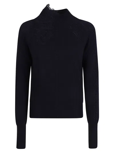 Ermanno Scervino Cable Knit Sweater With Floral Lace Detailing In Black