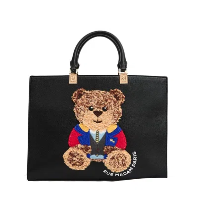 Rue Madame Textured Leather Tote Bag With Teddy Bear Applique In Black