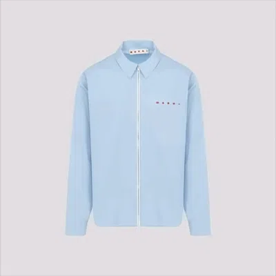 Marni Light Blue Minimalistic Cotton Jacket With Zipper Closure In Blue