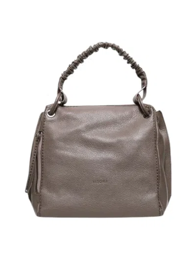 Plinio Visona' Shoulder Bag With Curled Handle In Mud Textured Leather In Gray