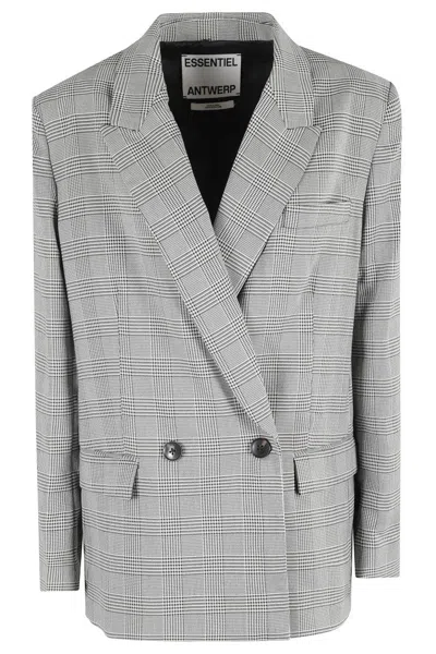 Essentiel Antwerp Double-breasted Houndstooth-pattern Blazer In Gray