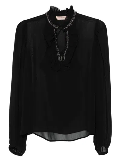 Twinset Ruffled Black Blouse With Bead Embellishments In Black