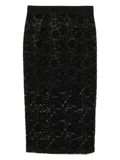 Versace Jeans Couture Textured Black Midi Skirt With Embossed Waistband In Black