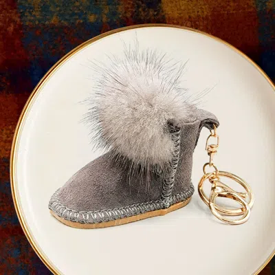 Fashnzfab Faux Fur Pom Pom Boot Keychain In Gray