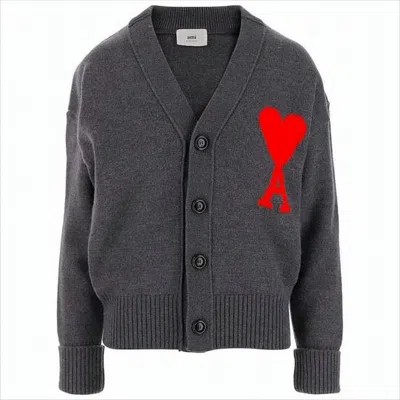 Ami Alexandre Mattiussi Cardigan With Deep V-neck And Signature Heart Emblem In Gray