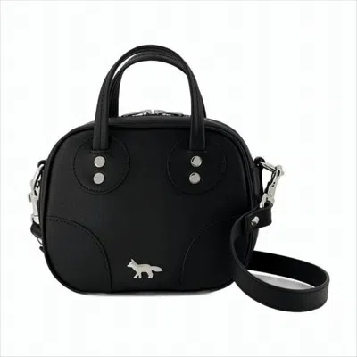 Maison Kitsuné Structured Cowhide Leather Shoulder Bag With Silver-tone Accents In Black