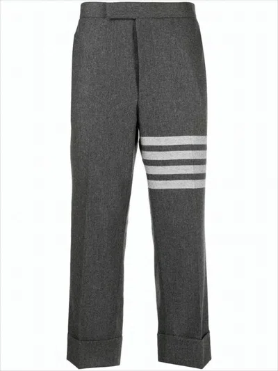 Thom Browne Cropped Grey Suit Pants With Tailored Fit And Distinctive Stripes In Gray