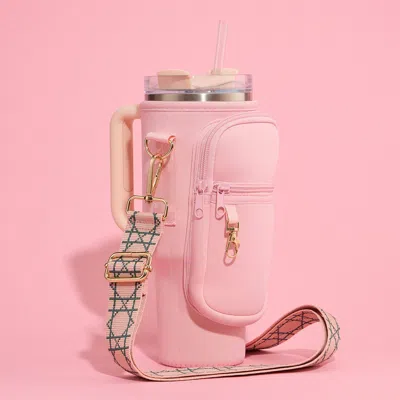 Fashnzfab Solid Tumbler Carrier Holder Geometric Pattern Strap Crossbody Bag In Pink