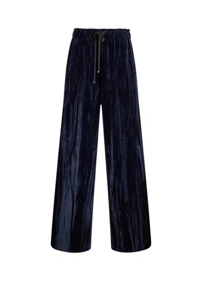 Liu •jo Velvet Navy Blue Wide-leg Trousers With Elastic Waistband In Black