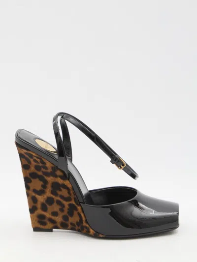 Saint Laurent La Scandale Wedge Open Toe Sandals In Black