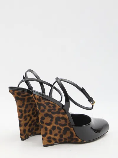 Saint Laurent La Scandale Wedge Open Toe Sandals In Black