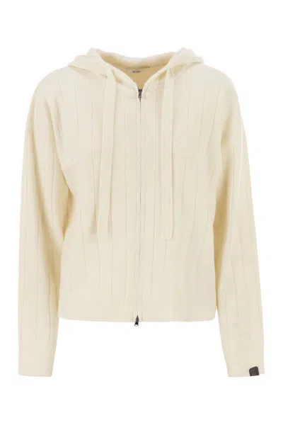 Max Mara Hooded Cashmere Yarn Cardigan Drawstring In White