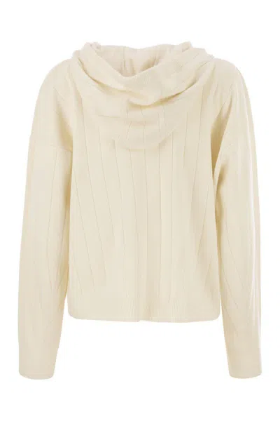 Max Mara Hooded Cashmere Yarn Cardigan Drawstring In White