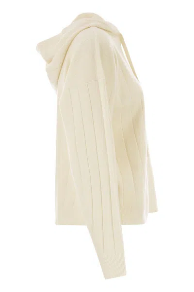 Max Mara Hooded Cashmere Yarn Cardigan Drawstring In White