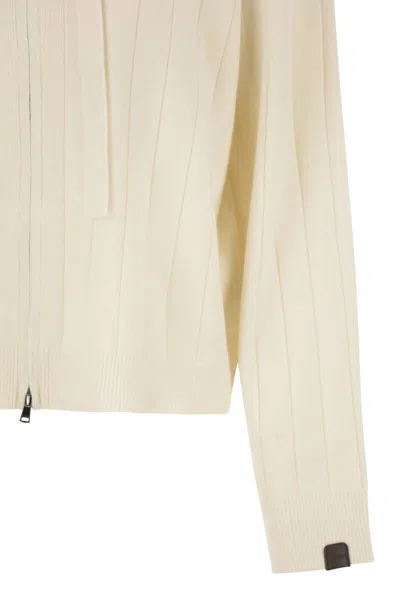 Max Mara Hooded Cashmere Yarn Cardigan Drawstring In White