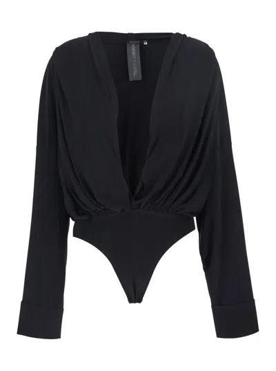 Norma Kamali Black Oversized Blouse With Ruffles And Fixed Hood In Tech Fabric Woman In Black