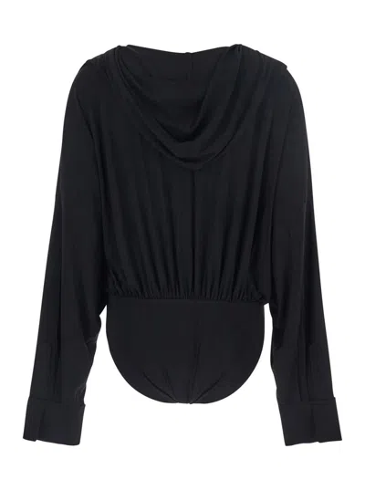 Norma Kamali Black Oversized Blouse With Ruffles And Fixed Hood In Tech Fabric Woman In Black