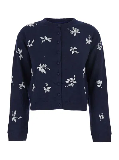 Atelier Edition Blue Crew Neck Cardigan With Floral Embroidery In Cotton Blend Woman In Blue