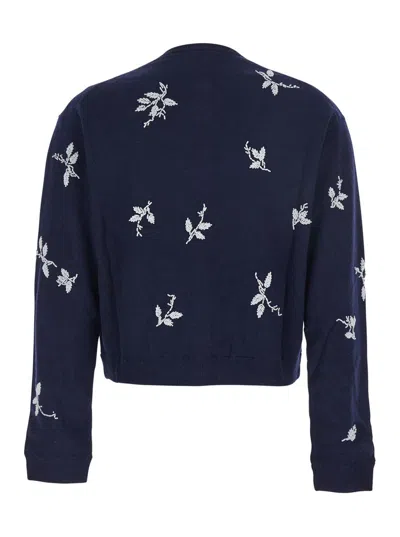 Atelier Edition Blue Crew Neck Cardigan With Floral Embroidery In Cotton Blend Woman In Blue
