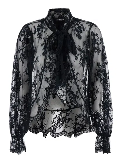 Retroféte Tamsin Black Blouse With Maxi Bow On The Front And All-over Lace Embroidery In Tech Fabric Woman In Black