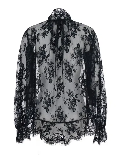 Retroféte Tamsin Black Blouse With Maxi Bow On The Front And All-over Lace Embroidery In Tech Fabric Woman In Black