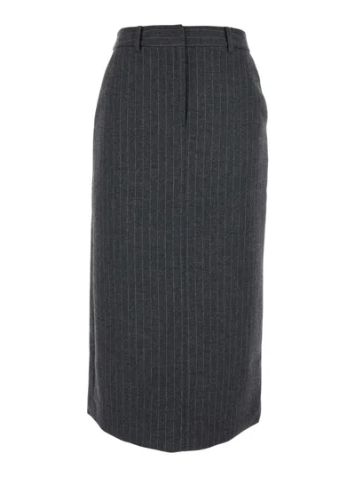 Dunst Grey Long Skirt With Belt Loops And Rear Single Slit In Wool Blend Woman In Gray