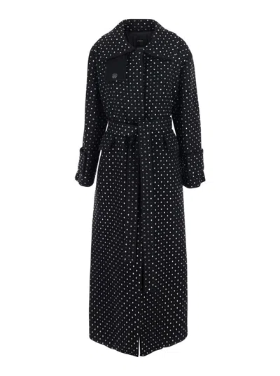 Pinko Paquita Black Rhinestoned Coat With Belt In Wool Blend Woman In Black