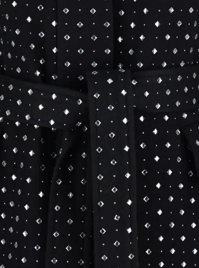 Pinko Paquita Black Rhinestoned Coat With Belt In Wool Blend Woman In Black