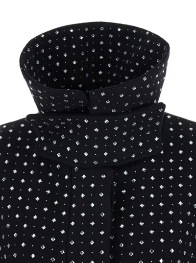 Pinko Paquita Black Rhinestoned Coat With Belt In Wool Blend Woman In Black