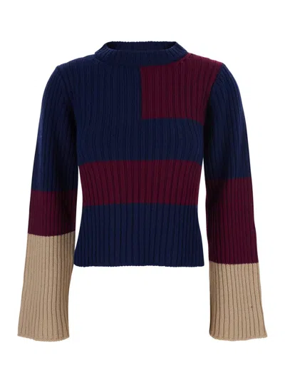 Merci Multicolor Crew Neck Sweater With Color Block Motif And Ribbed Design In Wool Woman In Multi