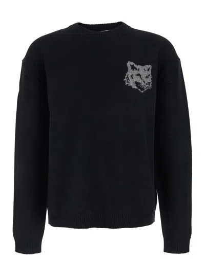 Maison Kitsuné Crew Neck Sweater With Large Fox Embroidery Black In Black