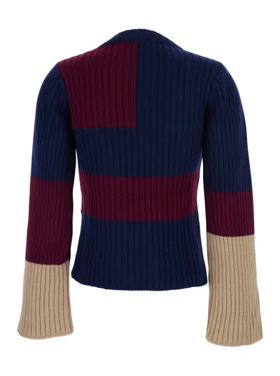 Merci Multicolor Crew Neck Sweater With Color Block Motif And Ribbed Design In Wool Woman In Multi