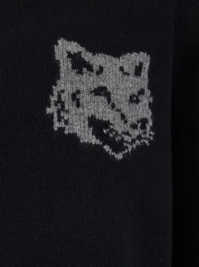 Maison Kitsuné Crew Neck Sweater With Large Fox Embroidery Black In Black