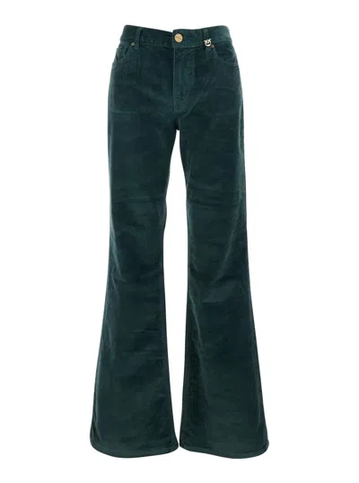 Pinko Green Pants With Plaque On The Front And Logo Patch On The Back In Corduroy Woman In Green