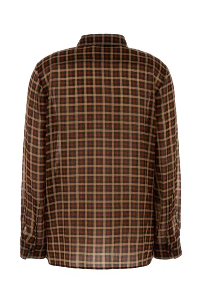 Saint Laurent Wool Shirt Jacket Bow Detail Checks In Brown