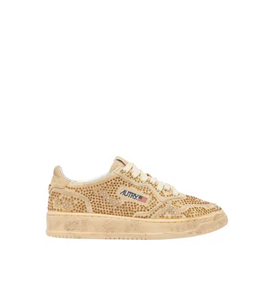 Autry Medalist Low Sneakers In Bronze Suede With Crystal Micro Rhinestones In Neutral