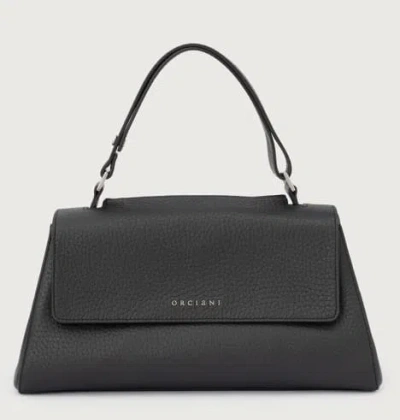 Orciani Trapezoidal Handbag In Hammered Leather With Monogram In Black