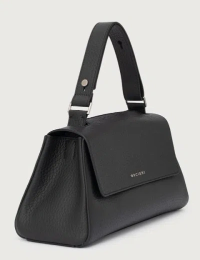 Orciani Trapezoidal Handbag In Hammered Leather With Monogram In Black