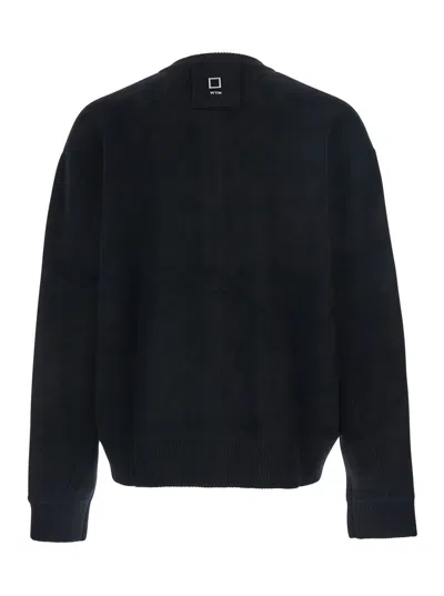 Wooyoungmi Black Crewneck Cardigan With Logo Patch On The Rear And Ribbed Trims In Wool Blend Man In Black