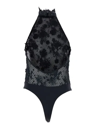 Retroféte Black Bodysuit With Halterneck And All-over Floral Embroidery In Tech Fabric Woman In Black