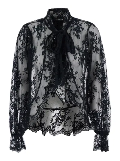 Retroféte Tamsin Black Blouse With Maxi Bow On The Front And All-over Lace Embroidery In Tech Fabric Woman In Black