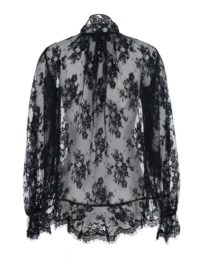 Retroféte Tamsin Black Blouse With Maxi Bow On The Front And All-over Lace Embroidery In Tech Fabric Woman In Black