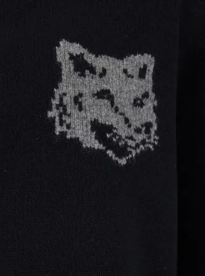Maison Kitsuné Crew Neck Sweater With Large Fox Embroidery Black In Black