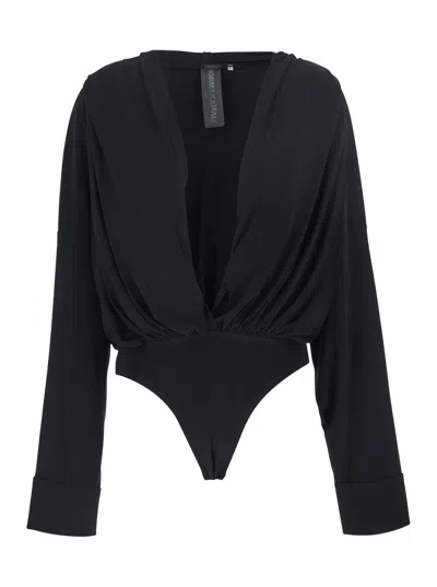 Norma Kamali Black Oversized Blouse With Ruffles And Fixed Hood In Tech Fabric Woman In Black