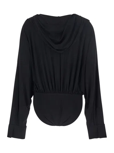 Norma Kamali Black Oversized Blouse With Ruffles And Fixed Hood In Tech Fabric Woman In Black