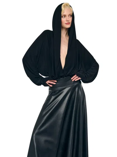 Norma Kamali Black Oversized Blouse With Ruffles And Fixed Hood In Tech Fabric Woman In Black