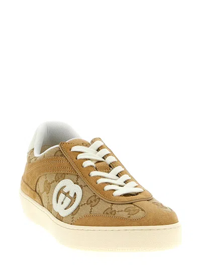 Gucci Beige G75 Sneaker In Suede And Gg Fabric Women In Brown